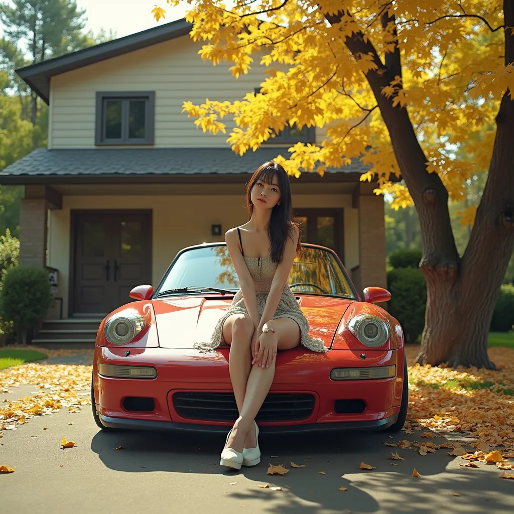 Prompt: a woman sitting on the hood of a sports car in front of a tree and a house with a yellow tree, Chizuko Yoshida, aestheticism, ray tracing, a stock photo