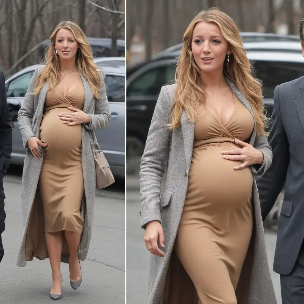 Prompt: 9 Months pregnant Blake Lively, her belly fully exposed in her outfit like a pregnant women , Her belly is so big like she is pregnant from more than one children and looking she is gonna give birth soon and she is looking hot 