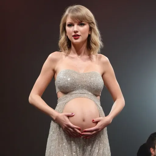 Prompt: 9 months Pregnant Taylor Swift , Her belly fully exposed like a last stage of pregnancy plus her clothes are bit exposed one
