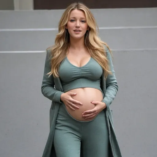 Prompt: 9 Months pregnant Blake Lively, her belly fully exposed in her outfit like a pregnant women , Her belly is so big like she is pregnant from more than one children and looking she is gonna give birth soon and she is looking hot 