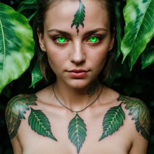 Prompt: close up shot of face and shoulder of an angel, with green eyes, a glowing green leaf tattoo in her face, a red color glowing necklace 