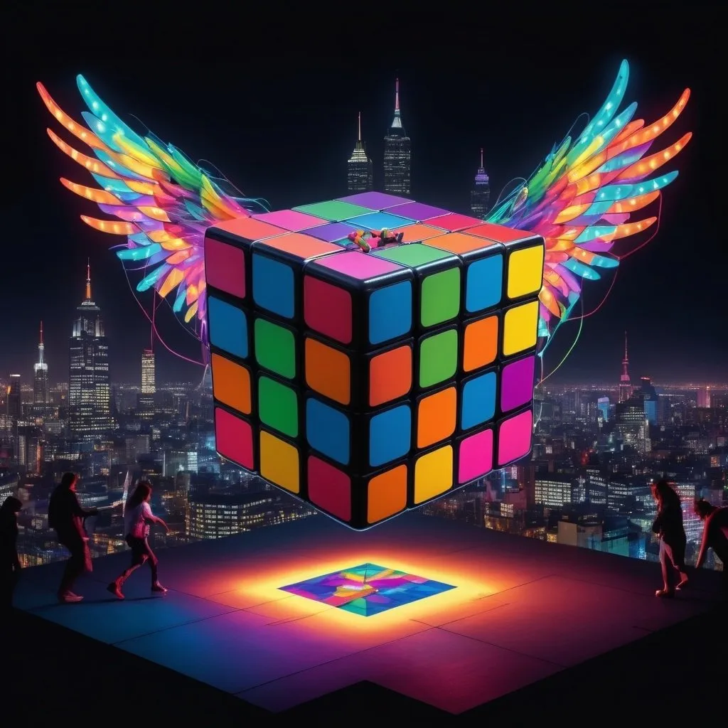 Prompt: A multi coloured Neon Rubik's Cube, long neon wings curling out from the cube, happy mood, random people circling and admiring the flying cube around centre stage, a dark cityscape background