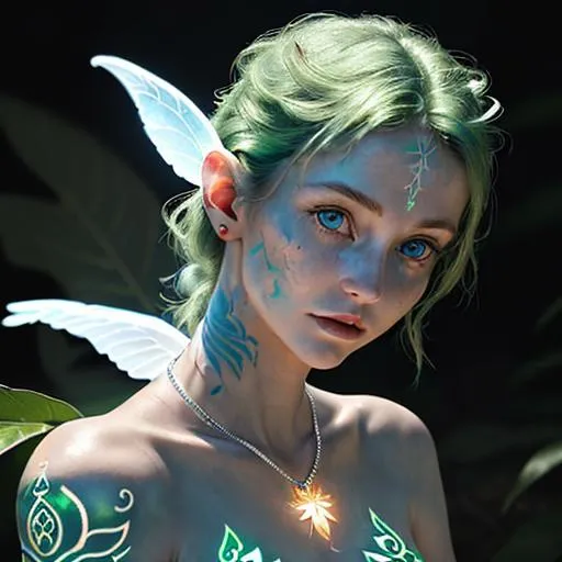 Prompt: close up shot of face and shoulder of an 30 year old angel, with blue eyes, a glowing green leaf tattoo in her face, a red color glowing necklace, a small white fairy sitting in her shoulder