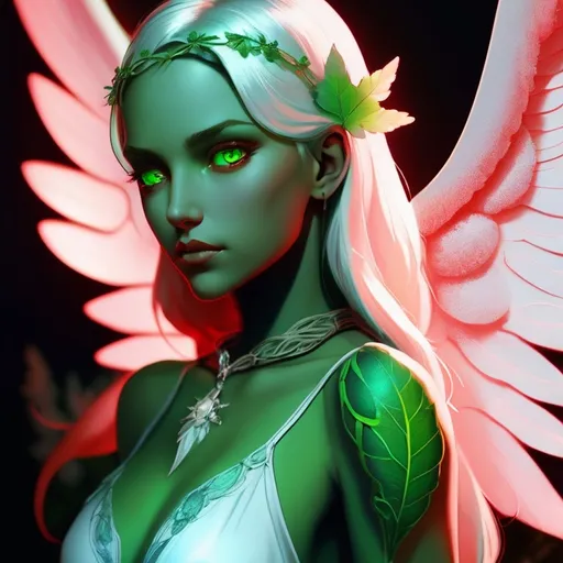 Prompt: close up shot of face and shoulder of an angel, with green eyes, a glowing green leaf tattoo in her face, a red color glowing necklace, a small white fairy sitting in her shoulder