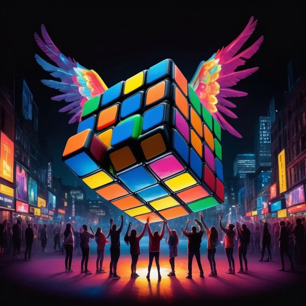 Prompt: A multi coloured Neon Rubik's Cube, long neon wings curling out from the cube, happy mood, random people circling and admiring the flying cube around centre stage, a dark cityscape background