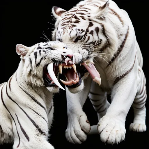 Prompt: white snake fighting with a white tiger, both showing fangs, black background