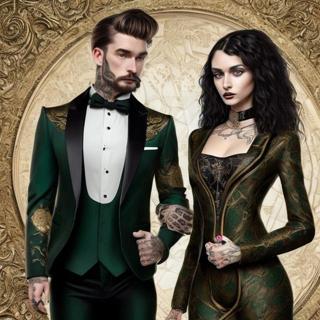 Prompt: a hyper realistic fantasy couple, caucasian male with short dark hair and tattoos wearing a black and gold suit with a pocket watch, caucasian female with long dark hair and tattoos wearing a emerald green and silver dress