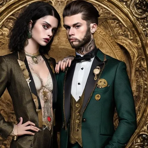 Prompt: a hyper realistic fantasy couple, caucasian male with short dark hair and tattoos wearing a black and gold suit with a pocket watch, caucasian female with long dark hair and tattoos wearing a emerald green and silver dress