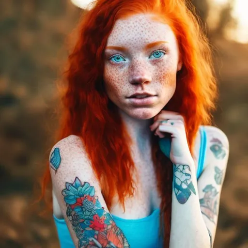 Prompt: Caucasian female with red hair and freckles and blue magical tattoos