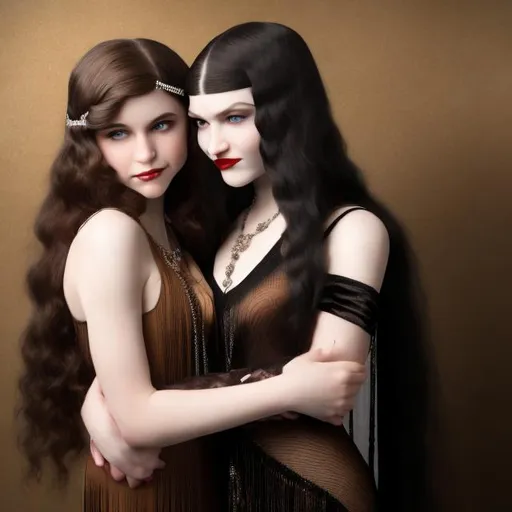 Prompt: hyper realistic caucasian female vampire with long white hair in a black business suit embracing a  caucasian female human  with long brown hair in a flapper dress