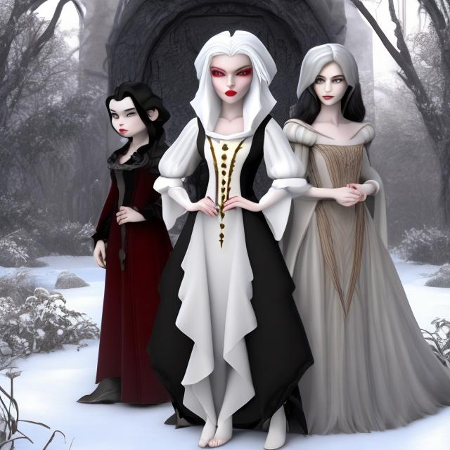 Prompt: Caucasian female vampire with snow white hair wearing a black dress and caucasian female vampire with brown hair wearing a white dress