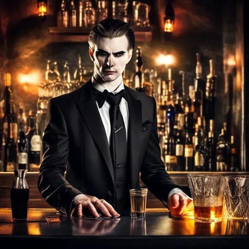 Prompt: hyper realistic male caucasian vampire in a black suit as a bartender in a dark bar