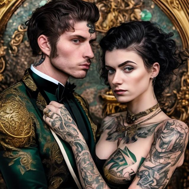 Prompt: a hyper realistic fantasy couple, caucasian male with short dark hair and tattoos and he is and wearing a black and gold suit with a pocket watch, caucasian female with long dark hair and tattoos and she is wearing a emerald green and silver dress