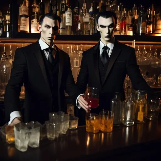 Prompt: Two male caucasian vampires in black suits as bartenders in a dark bar