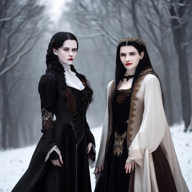 Prompt: Caucasian female vampire with snow white hair wearing a black dress and caucasian female vampire with brown hair wearing a white dress