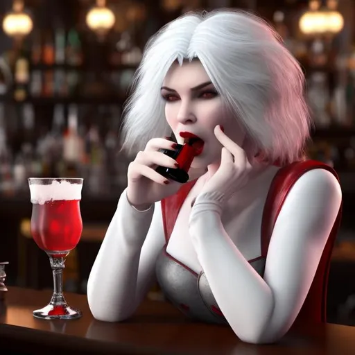 Prompt: hyper realistic white female vampire with snow white hair having a drink at a bar