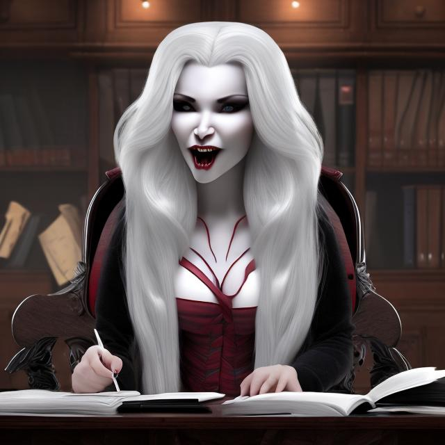 Prompt: Hyper realistic caucasian female vampire showing her teeth with long snow white hair in a black three piece suite at a desk in a large chair with journals and pens