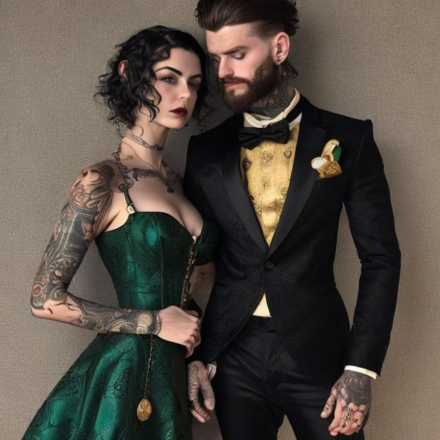 Prompt: a hyper realistic fantasy couple, caucasian male with short dark hair and tattoos and he is and wearing a black and gold suit with a pocket watch, caucasian female with long dark hair and tattoos and she is wearing a emerald green and silver dress