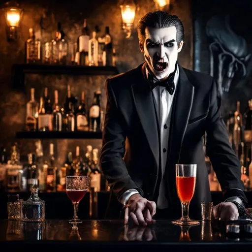 Prompt: hyper realistic male caucasian vampire in a black suit as a bartender in a dark bar showing fangs 