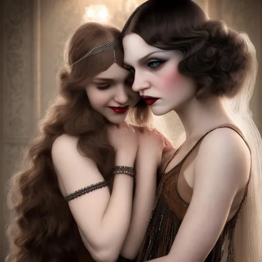 Prompt: hyper realistic caucasian female vampire with long white hair in a flapper dress embracing a  caucasian female human  with tattoos and long brown hair in a flapper dress