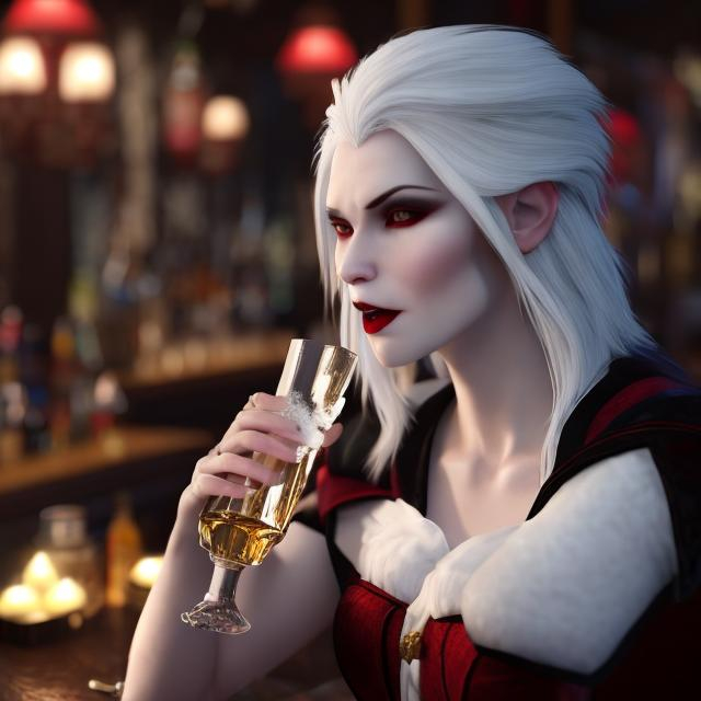 Prompt: hyper realistic white female vampire with snow white hair having a drink at a bar