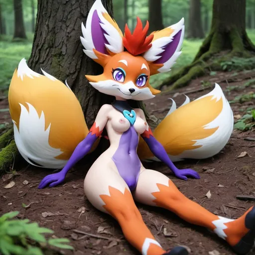 Prompt: a female braixen is laying on her back under a tree in the forest with spread legs, purple body, one tail, river, trees, shadow, furry, arms behind head, two legs, two arms, paws, azure blue eyes, private parts, uncovered, uncensored, show off, visible private parts, special details