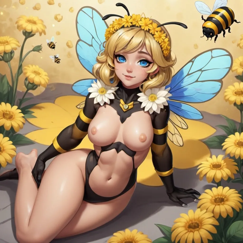 Prompt: a female furry bee princess is laying down, bee, flower crown, two legs, one tail, claws, wings, gold, azure blue eyes, hive background, shaft, private parts uncensored, private details, uncovered body