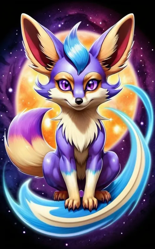 Prompt: Tattoo of a shiny fennekin, mystical, purple Fur color , pokemon, one tail, azur blue colored eyes, japanese art style, galactic background