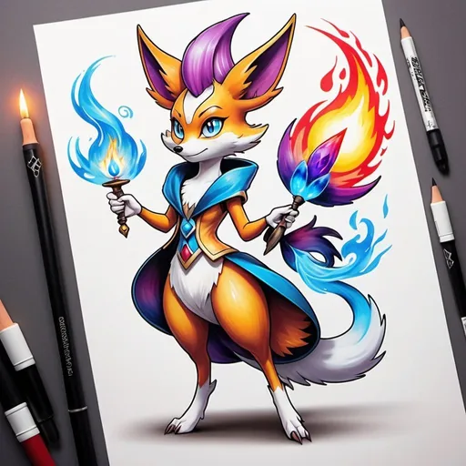 Prompt: Tattoo of a standing female braixen performiming fire magic, mystical, pokemon, purple fur colour, best quality, no misplaces, furry, two legs, paws, azure blue eye colour, japanese art style, one tail