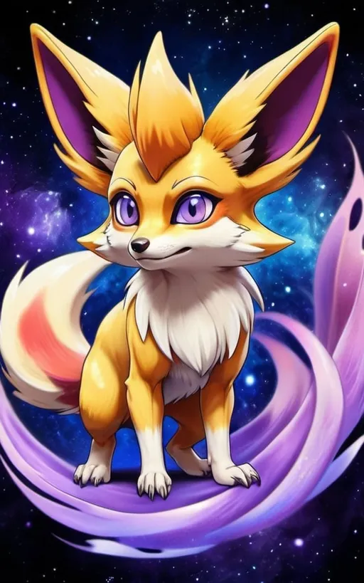 Prompt: Tattoo of a shiny fennekin, purple colored Fur, pokemon, one tail, azur blue colored eyes, japanese art style, galactic background
