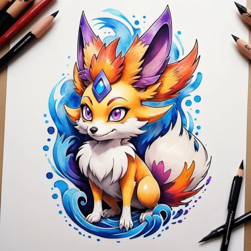 Prompt: Tattoo of a female braixen, mystical, pokemon, purple fur, best quality, no misplaces, furry, two legs, paws, two arms, azure blue eye colour, japanese art style, one tail