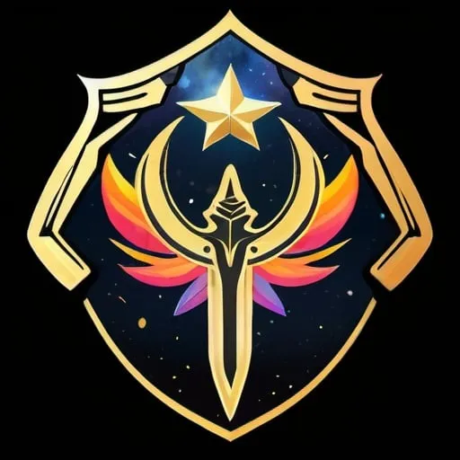 Prompt: A clan emblem of warriors protecting the System, Warrior, Space, order, lotus flower, Warframe, space ninjas, stars, galaxy, emblem, gold, crystal, rainbow galaxy, solar system, 4K, high quality , weapon, sword, pistol, rifle, gun, no background