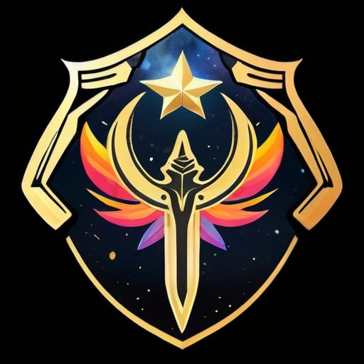 Prompt: A clan emblem of warriors protecting the System, Warrior, Space, order, lotus flower, Warframe, space ninjas, stars, galaxy, emblem, gold, crystal, rainbow galaxy, solar system, 4K, high quality , weapon, sword, pistol, rifle, gun, no background