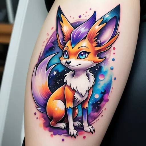 Prompt: tattoo of a standing female braixen, mystical, pokemon, purple fur colour, galactic, space, galaxy, best quality, no misplaces, furry, two legs, paws, azure blue eye colour, japanese art style, one tail