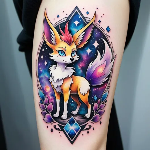 Prompt: tattoo of a standing female braixen, mystical, pokemon, purple fur colour, galactic, space, galaxy, best quality, no misplaces, furry, two legs, paws, azure blue eye colour, japanese art style, one tail,