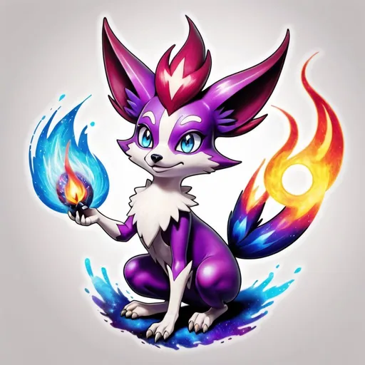 Prompt: tattoo of a female braixen performiming fire magic, mystical, pokemon, purple fur colour, galactic, space, galaxy, best quality, no misplaces, furry, two legs, paws, azure blue eye colour, japanese art style, one tail