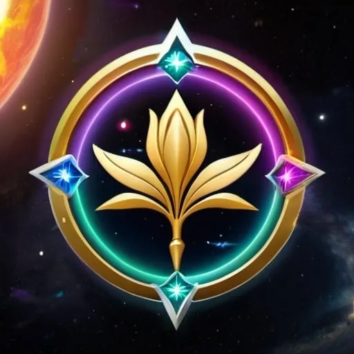 Prompt: A clan emblem of warriors protecting the System, Warrior, Space, order, lotus, Warframe, space ninjas, stars, galaxy, emblem, gold, crystal, rainbow galaxy, solar system, 4K, high quality , weapon, sword, pistol, rifle, gun