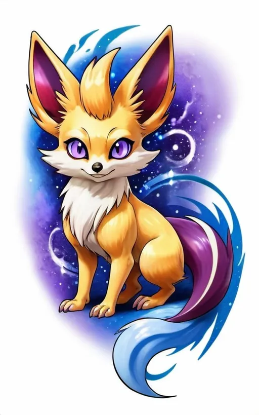 Prompt: Tattoo of a shiny fennekin, mystical, purple Fur, pokemon, one tail, azur blue eyes, japanese art style