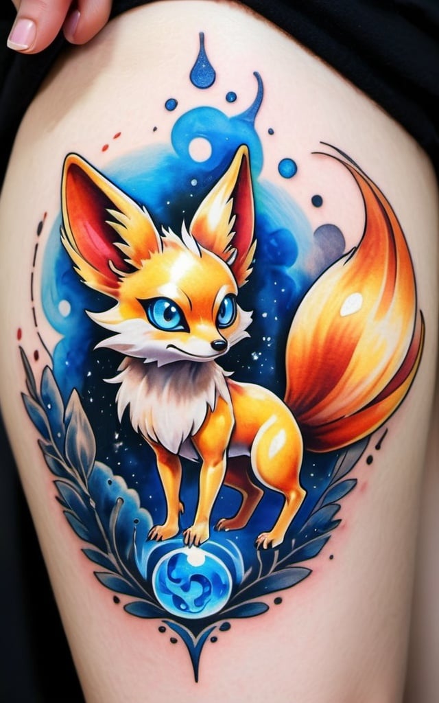 Prompt: Tattoo of a shiny fennekin, mystical, pokemon, azur blue eyes, japanese art style