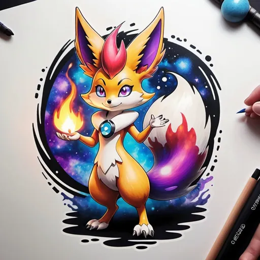 Prompt: tattoo of a standing female braixen performiming fire magic, mystical, pokemon, purple fur colour, galactic, space, galaxy, best quality, no misplaces, furry, two legs, paws, azure blue eye colour, japanese art style, one tail