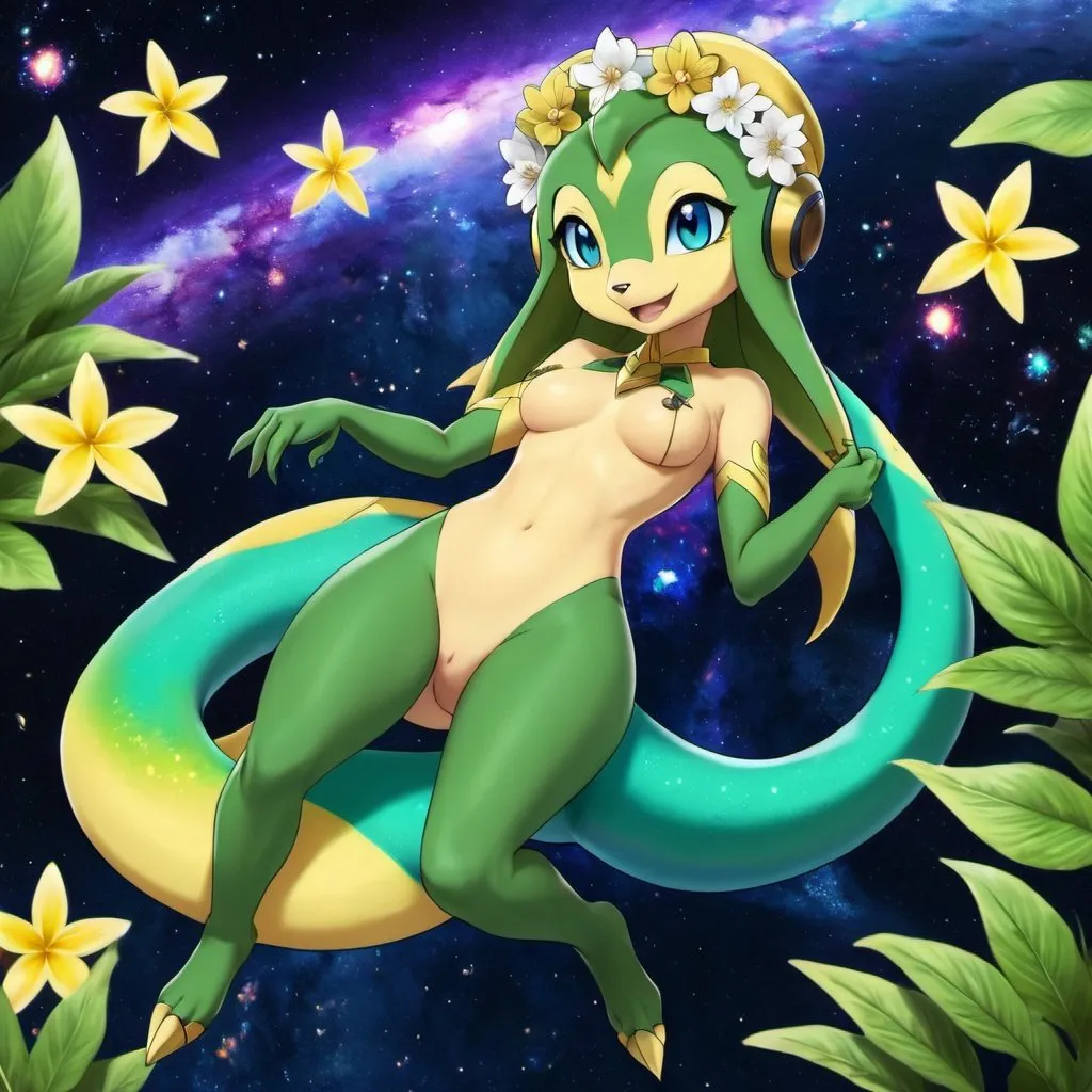 Prompt: a female snivy goddess is laying down with spread legs, lizard, lizard body, shaft, flower crown, two legs, leaf tail, one tail, azure blue eyes, galactic background, space, stars, galaxy, private parts, uncensored, show off, visible private parts, High Quality, HD, 4K