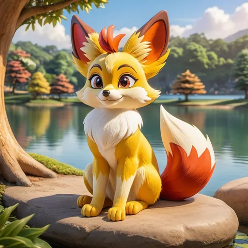 Prompt: Fennekin sitting cozy under tree next to a lake, Disney style, warm lighting, welcoming smile, high quality, detailed facial features, adorable, Disney style, detailed fur, warm lighting