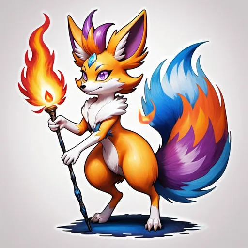 Prompt: Tattoo of a standing female braixen performiming fire magic, mystical, pokemon, purple fur, best quality, no misplaces, furry, two legs, paws, azure blue eye colour, japanese art style, one tail