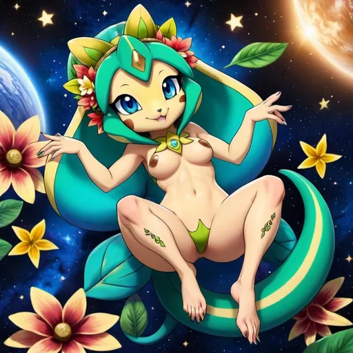 Prompt: a female snivy goddess is laying down with spread legs, lizard, lizard body, paws, tattoo, shaft, flower crown, two legs, leaf tail, one tail, azure blue eyes, galactic background, space, stars, galaxy, private parts, uncensored, show off, visible private parts, High Quality, HD, 4K