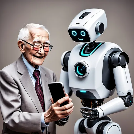 Prompt: in the picture there is a elder and a robot, elder hold a smartphone, and the robot toch the cellphone and teach them how to use the cellphone. the elder is happy and picture is positive