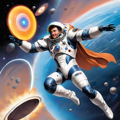 Prompt: a man in a space suit is flying through the air with a flying disk in front of him and a flying disk in the background, Alan Davis, space art, promotional image, concept art