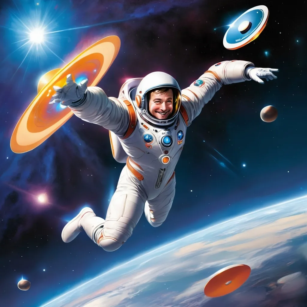 Prompt: a man in a space suit is flying through the air with a flying disk in front of him and a flying disk in the background, Alan Davis, space art, promotional image, concept art