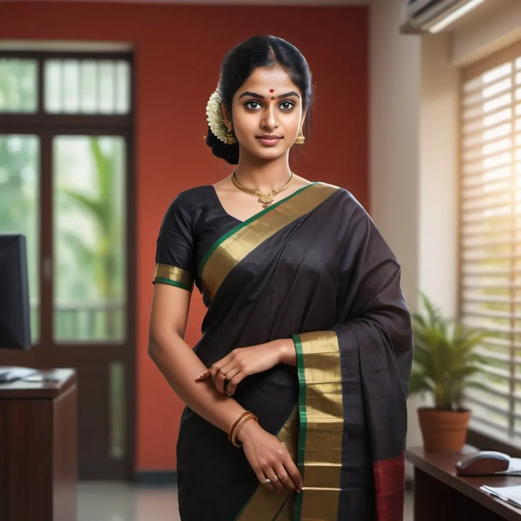 Prompt:  a professional young woman in a traditional Kerala red kurtha with bagi pant, working in a modern office, with high attention to black hair and blurred eyes, traditional dress, professional office setting, realistic detailing, high quality, realistic, traditional Kerala saree, modern office, detailed black hair, blurred eyes, professional woman, traditional attire, realistic office setting, high attention to detail