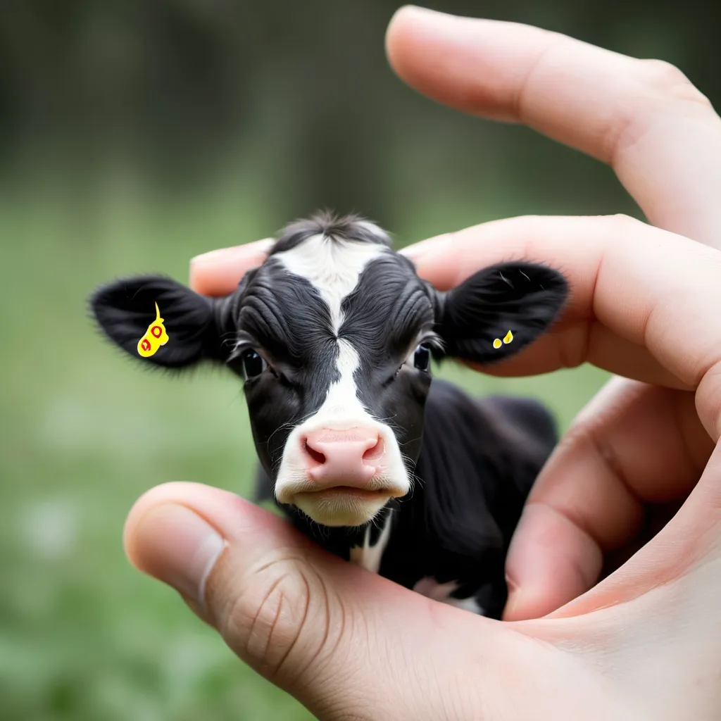 Prompt: finger size tiny cute calf in human hand