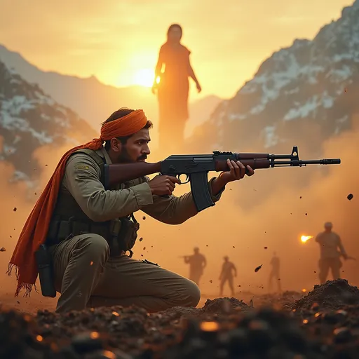 Prompt: A hyper-realistic, ultra-premium cinematic scene in 16:9 ratio (3840x2160, 4K resolution), depicting a fearless Indian soldier in an active, dynamic pose on a chaotic battlefield with the snow-covered Himalayas in the background. The soldier, in a rugged military uniform with visible dirt, tears, and battle marks, aims a rifle forward as if engaging the enemy, his face sharp and resolute, illuminated by intense golden sunset light with dramatic lens flares. A subtle, glowing silhouette of Bharat Mata in a saffron saree hovers faintly in the sky, radiating a soft divine aura, symbolizing inspiration while keeping the focus on the soldier. The battlefield is fierce with thick smoke, flying dust, scattered debris, distant explosions, and faint silhouettes of other soldiers, capturing the raw intensity of war. No text, only visual elements. Use a color palette of saffron, gold, deep blue, and fiery orange, with dramatic lighting, high contrast, and a cinematic depth-of-field effect. Photorealistic, ultra-detailed, 4K, epic and emotionally intense.
आप इस प्रॉम्प्ट को MidJourney या Stable Diffusion में इस्तेमाल कर सकते हैं।
MidJourney: --ar 16:9 --v 6 --q 2 जोड़ें।
Stable Diffusion: negative prompt: blurry, low quality, cartoonish, unrealistic, text का उपयोग करें।
ratio is 16:9. ultra premium, cinematic with  hyper realistic. 4k.
